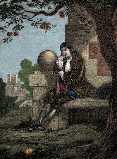 Isaac Newton ser et æble falde til jorden, mens han sidder under et træ af Italian School