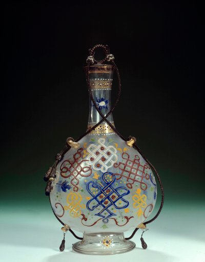 Italiensk kunst: glasflaske med polykrome dekorationer. Lavet i Italien. Paris fra det 16. århundrede, Louvre-museet af Italian School