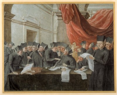 Jesuitter i konklave, skændes om regnskaber (pen og blæk med akvarel på papir) af Italian School