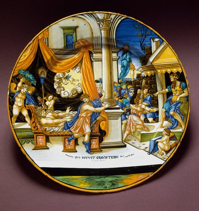 Josef og Putifars hustru Josef flygter fra Putifars (Potifars) hustru for at forføre ham. Keramisk plade produceret i Urbino, Italien. 1537 omkring Firenze, Museo Nazionale del Bargello af Italian School