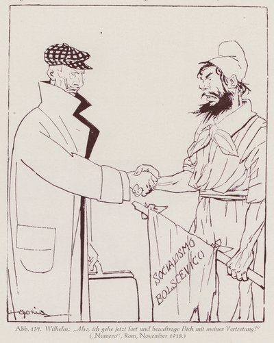 Kejser Wilhelm II overdrager magten til den bolsjevikiske socialisme (litografi) af Italian School