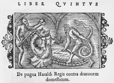 Kong Harald kæmper mod en drage, illustration fra History of the Northern Nations af Olaus Magnus (1490-1558), udgivet i Rom, 1555 af Italian School