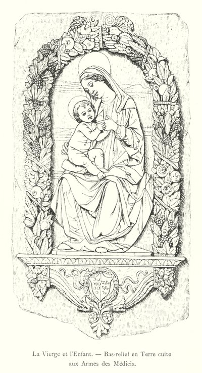Jomfruen og barnet, Terracotta-basrelief med Medici-våben (gravering) af Italian School