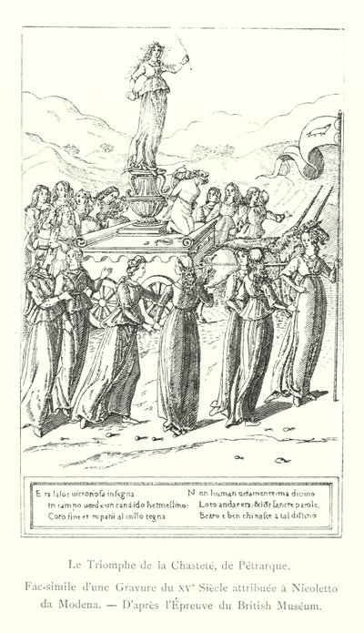 Kyskhedens triumf, af Petrarch, faksimile af en gravering fra det 15. århundrede tilskrevet Nicoletto da Modena, efter British Museum Print (gravering) af Italian School
