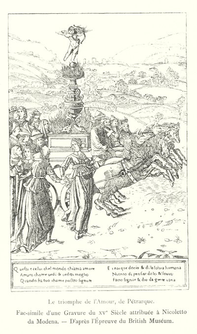 Kærlighedens triumf, af Petrarch, faksimile af en gravering fra det 15. århundrede tilskrevet Nicoletto da Modena, efter British Museum Print (gravering) af Italian School