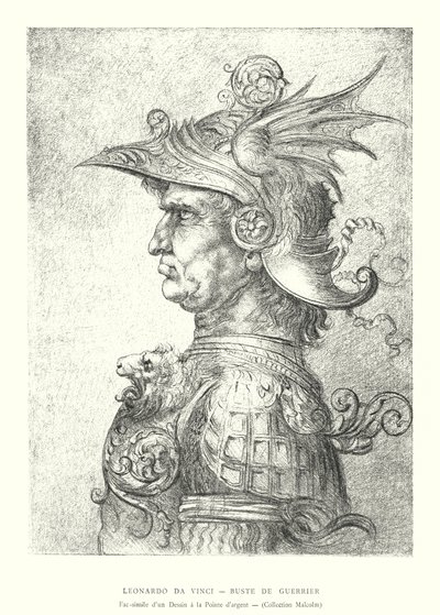 Leonardo da Vinci, Buste of a Warrior, Faksimile af en Silverpoint-tegning, Malcolm Collection (gravering) af Italian School