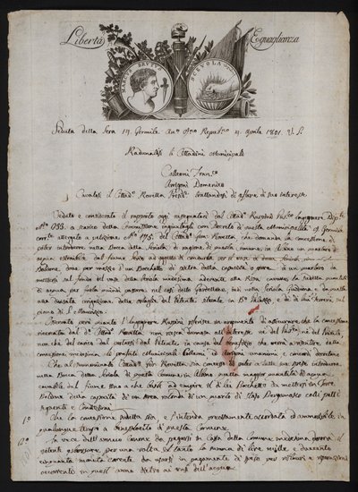 Brev på italiensk med en afbildning af Brutus den yngres hoved, en brændende hånd, der repræsenterer Gaius Mucius Scaevola, og mottoet for den franske revolution af Italian School
