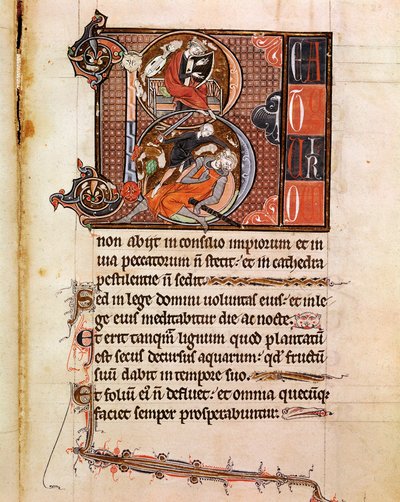 Lettrine B dekoreret af repræsentationen af kong David, der spiller pslaterion, og hvem dæk Goliath Page fra manuskriptet "" Psalterium Cum Calendario"" Padua fra det 13. århundrede, seminariets bibliotheque af Italian School