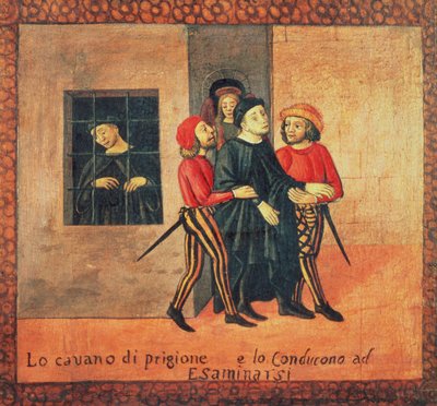 Antonio di Guiseppe Rinaldeschis liv - Taget fra fængslet for at blive retsforfulgt, Florentine School (olie på panel) (detaljer) af Italian School