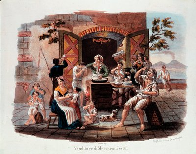 Lille napolitansk metier: en sælger af kogte makaroni. I det fjerne vesuen ved Napoli-bugten. Litografi af det 19. århundrede. Nationalmuseet for Pasta, Agnesi Foundation, Rom af Italian School