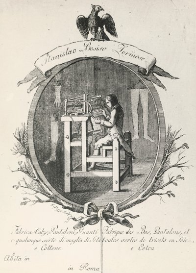 Væv til fremstilling af sokker, bukser og handsker, gravering til plakat, der reklamerer for virksomheden Stanislaus Bosiso, Italien af Italian School