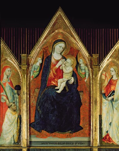 Madonna Nursing the Christ Child med helgener (tempera på træ) (detalje af 254064) af Italian School