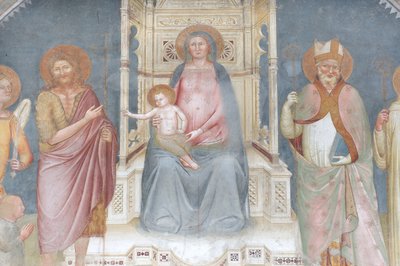 Madonna og barn, Angel Gabriel, Saint John the Baptist, Saint Ambrose, Saint Bernard af Italian School