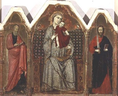 Madonna and Child Enthroned, med SS. Johannes evangelisten og Paulus, Rimineserskolen (triptykonpanel) af Italian School