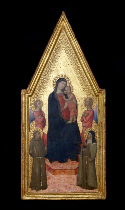 Madonna og barn med St. Frans, Skt. Clare og to engle, 1340-50 (tempera og bladguld på panel) af Italian School