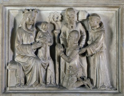 Madonna og barn, med en kriger og helgener, relief skabt af The Masters of Campione. Italien af Italian School