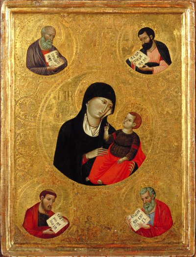 Madonna og barn med de fire evangelister (tempera og bladguld på panel) af Italian School