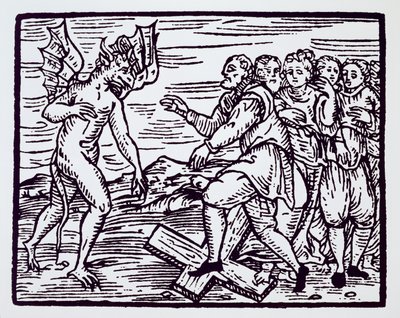 Mandlig heks, der fornægter Kristus, kopi af en illustration fra Compendium Maleticarum af Fr M Guaccius, Milano 1608, brugt i History of Magic, udgivet sent i det 19. århundrede af Italian School