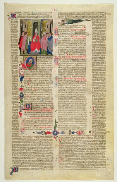 Marlay Cutting IT.3: Blad med miniature fra Gratians Decretum, der viser sagen om biskoppen anklaget for kødelig synd af Italian School
