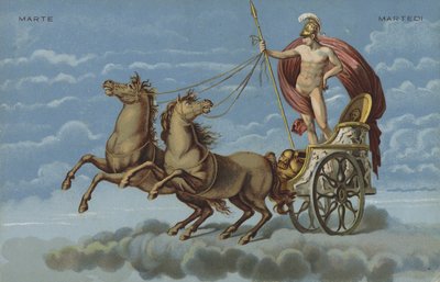 Mars i sin stridsvogn (farvelitografi) af Italian School