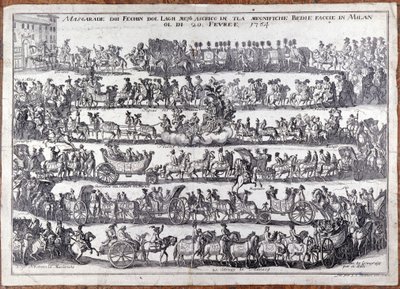 Maskerade: optog og dans af mennesker masker i anledning af karneval. Milano 20/02/1764 Indgravering af det 18. århundrede af Italian School