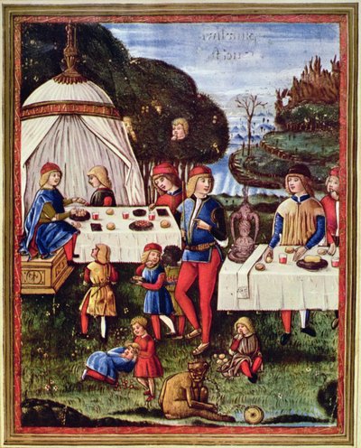 Maximilian Sforza som barn spiste et måltid i haven, illustration fra en kopi af 