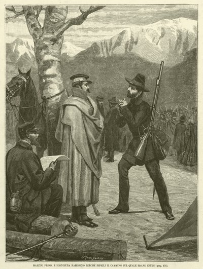 Mazzini beder og tryller Ramorino, fordi han genoptager stien, som de var beregnet til (gravering) af Italian School