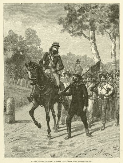 Mazzini, simpel soldat, bar Guds og folks flag (gravering) af Italian School