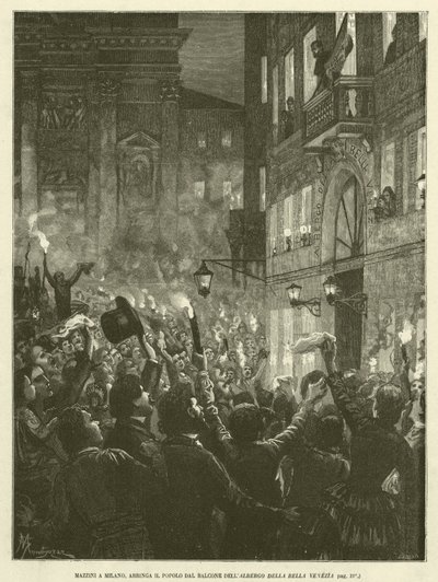 Mazzini i Milano, at høre folket fra balkonen på Albergo Della Bella Venezia (gravering) af Italian School