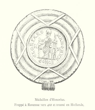 Medaljon af Honorius, slået ved Ravenna omkring 402 og fundet i Holland (gravering) af Italian School