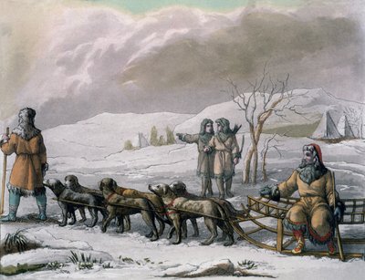 Mænd fra Kamchatska, med en hundeslæde, fra Costumi dei... af Giulio Ferrario, ca. 1820