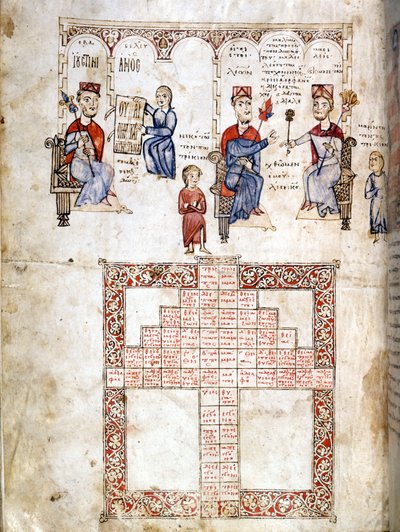 Miniatureside af” Ecloga Legum””, juridisk manuskript fra 1175. De viste tegn er fra venstre mod højre Justinian I (482 - 565), Leo I (457-474) og Konstantin I den Store (270/288 - 337) . Venedig, bibl. Marciana. af Italian School