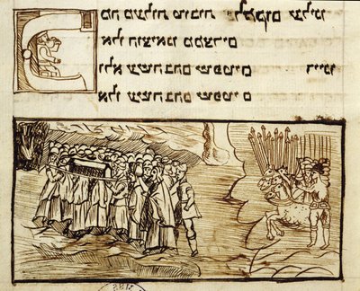 Ms.C.A.2795 Det jødiske folk krydser Det Røde Hav med den hellige ark efterfulgt af egypterne, fra historien om det jødiske folk af Italian School