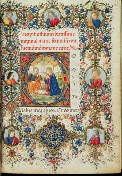 Ms 154 f.14r Tilbedelse af Kristusbarnet, fra en timebog, italiensk af Italian School