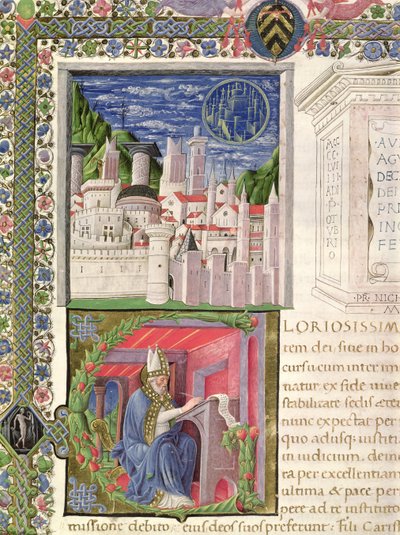 Ms 218 f.2r Udsigt over Rom som Guds by, og St. Augustine skrift, fra 