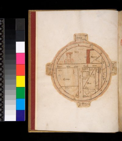 Ms 315. Horace, Ars Poetica og Epistulae, f.1v. T-O Kort over verden, med et tårn, der repræsenterer Jerusalem af Italian School