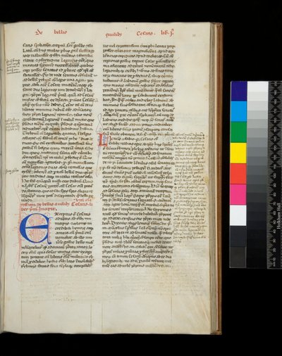 Fru 342. Cæsar, Opera, f.38r. Initial [E] i blåt med penneblomstret dekoration i rødt af Italian School