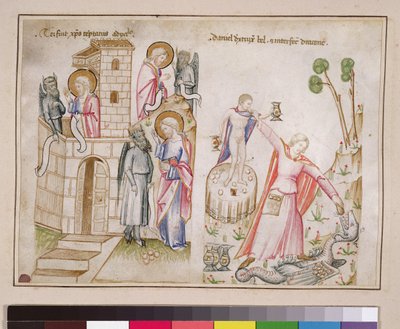 Ms 43-1950 (5v) Christs Temptation, Daniel ødelægger Bel, fra Speculum Humanae Salvationis af Italian School