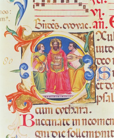 Frk. 559 f.155v Historikert initial O, der forestiller kong David og to engle, fra Psalter of Santa Maria Novella, belyst af Paolo Soldini (fl.1342-86) 1379 af Italian School
