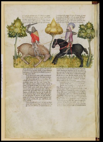 Fr 343 fol.26v Sir Percivals hest er dræbt, fra Queste del Saint Graal, c.1380-85 af Italian School