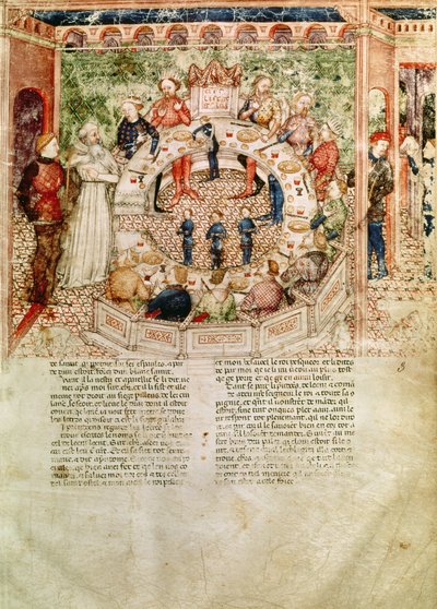 Fr 343 fol.3 Sir Galahad bydes velkommen til det runde bord fra Queste del Saint Graal, ca. 1380-85 af Italian School
