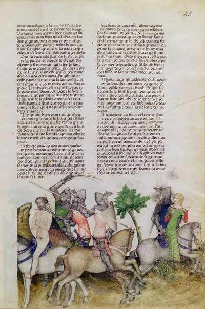 Fr 343 fol.43 En ridder af det runde bord, Sir Bors, er tvunget til at træffe et valg mellem at redde sin bror Lionel eller redde en pige fra Queste del Saint Graal, ca. 1380-85 af Italian School