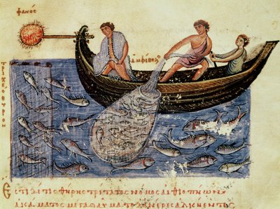 Ms Grec 479 Fishing with a Net, illustration fra Halieutica af Oppian (tempera på vellum) af Italian School