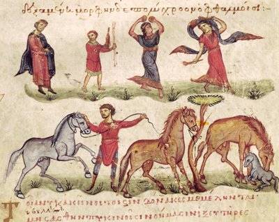 Ms Grec 479 Hestetrænere, illustration fra Halieutica eller Cynegetica af Oppian af Italian School