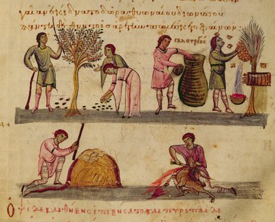 Ms Grec 479 Arbejder i markerne, illustration fra Cynegetica af Oppian (tempera på vellum) af Italian School