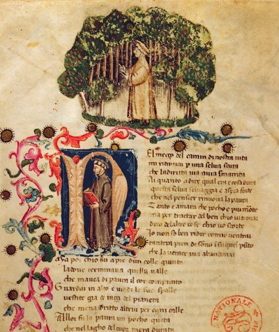 Ms It.474 Åbningsscene fra Dantes "Den guddommelige komedie" med Dantes figur i den mørke skov (pergament) af Italian School