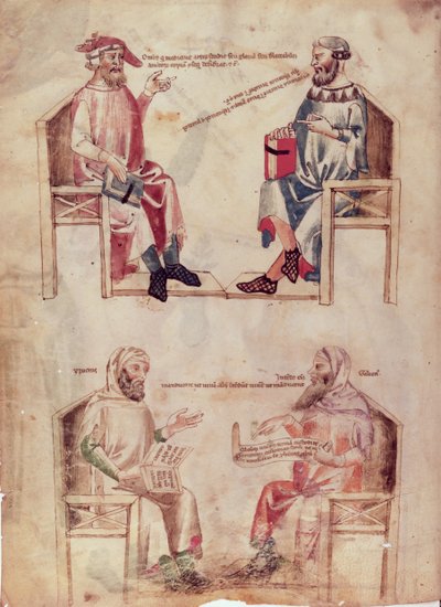 Ms Lat 6823 fol.1v Hippocrates (c.460-c.377 f.Kr.) og Hunayn ibn Ishaq (808-73) og Hippocrates og Claudius Galenus (c.131-c.201) fra De Herbis af Manfredus de Monte Imperiali, ca. .330-40 af Italian School