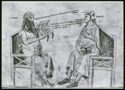 Ms Lat 6823 fol.2 Averroes (1126-98) i samtale med porfyr (c.232-c.305) (pen & blæk og vask på papir) af Italian School