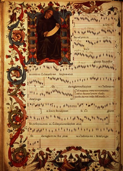 Fru Med. Pal. 87 side med musiknotation med historisk initial, fra Squarcialupi Codex, produceret i det florentinske kloster S. Maria degli Angeli (vellum) af Italian School