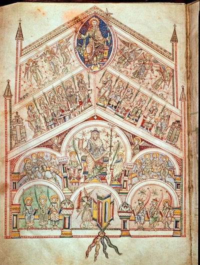 Ms. Plut.12.17 f.2v Den himmelske by med Kristus på tronen, illustration til udgave af den originale tekst skrevet af St. Augustin af Hippo (354-430) i 413-426, fra De Civitate Dei, (11.-12. af Italian School